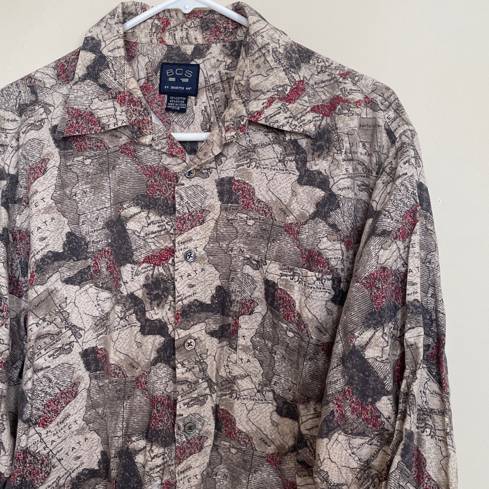 Vintage BCS Map all over Print‎ Button Up Shirt Size Large